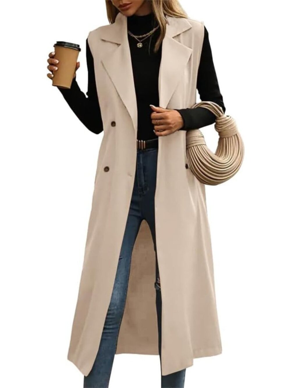 Chic Women's Long Sleeveless Trench Coat Vest - Casual Double Breasted Jacket